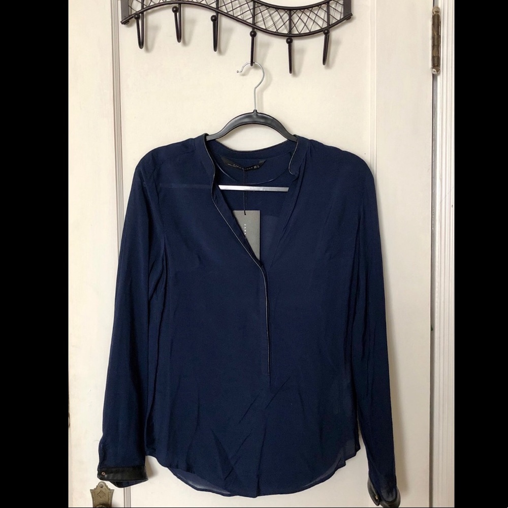 (NWT) Zara Navy V-neck Blouse